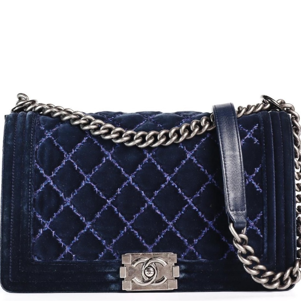 Chanel Dark Blue Quilted Velvet Shoulder Bag